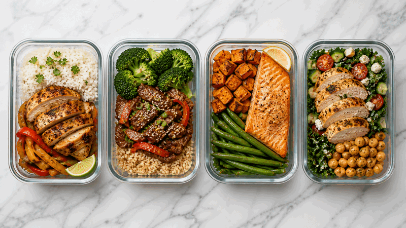 Four meal prep containers with colourful batch-cooked food